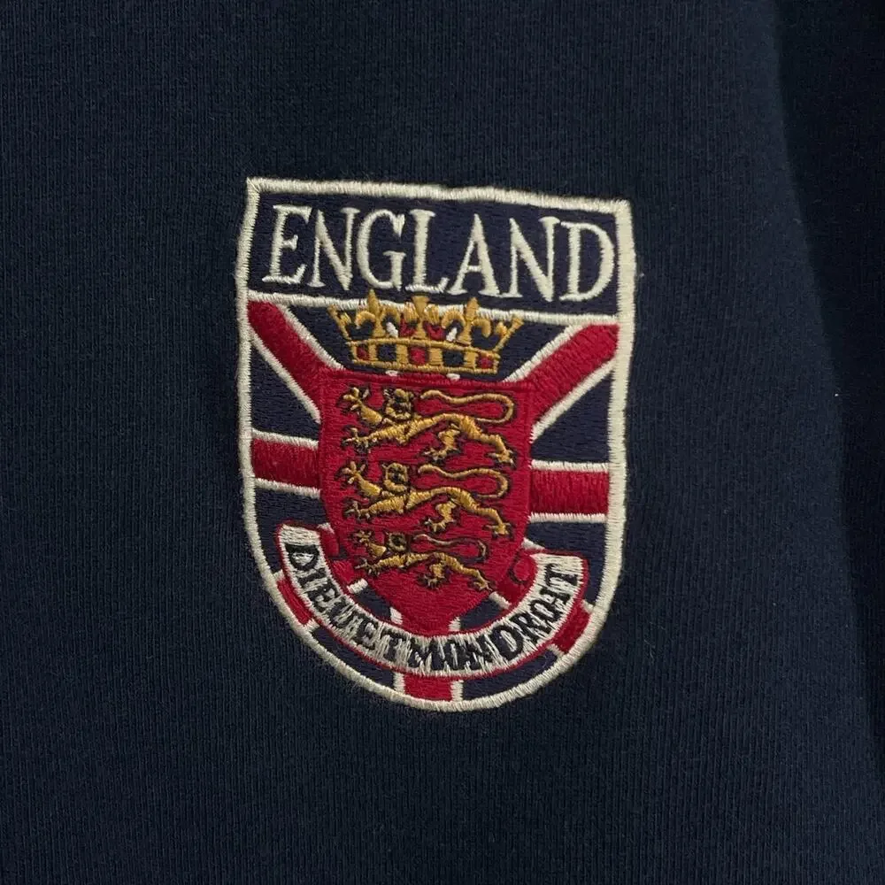 LUCKY BRAND Jacket Mens M ENGLAND 57 Crest Patch Track Terry Full Zip Blue Vtg